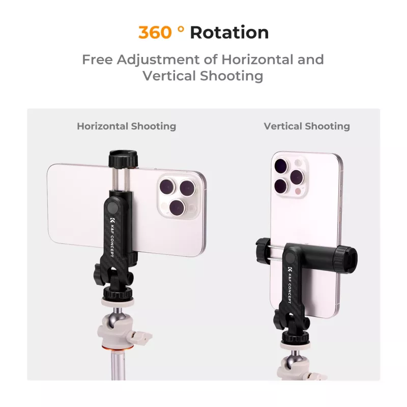 Suporte de tripé K&F Concept para smartphone com parafuso de 1/4 de polegada, rotação de 360°, preto