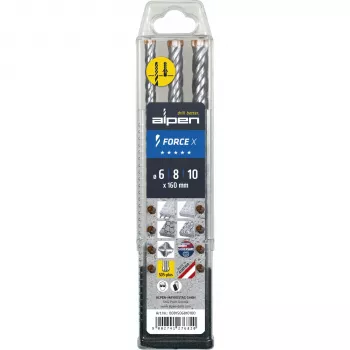 Alpen SDS+ FORCE X conjunto de brocas de martelo, 3 peças, 6-8-10 x 160 mm, 4 cortes, metal duro