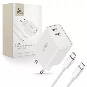 Tech-Protect C35W Carregador USB-C de 2 portas branco