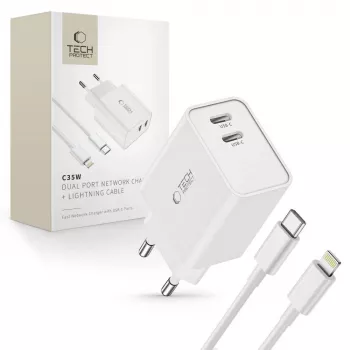 TECH-PROTECT C35W Carregador de rede de 2 portas PD 35W + cabo Lightning branco