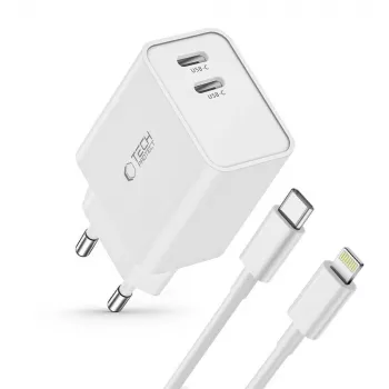TECH-PROTECT C35W Carregador de rede de 2 portas PD 35W + cabo Lightning branco