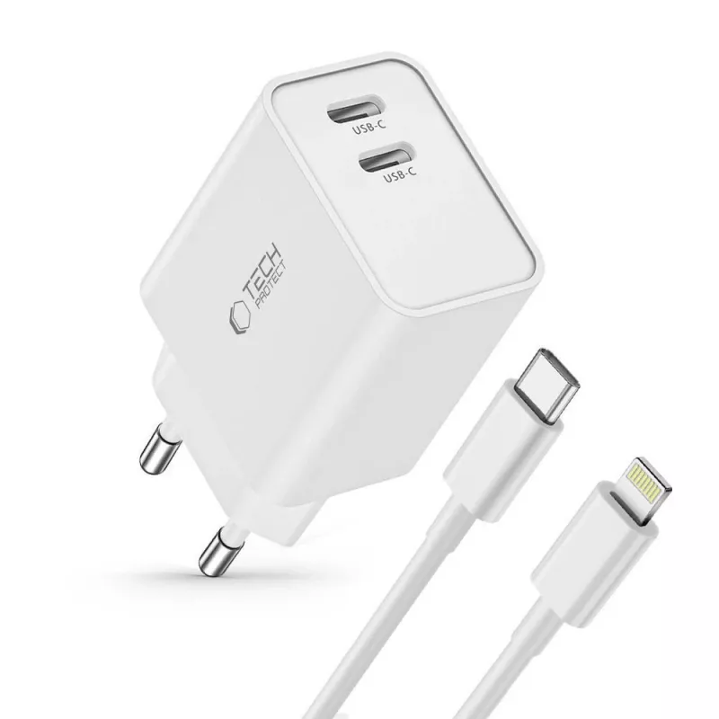 TECH-PROTECT C35W Carregador de rede de 2 portas PD 35W + cabo Lightning branco