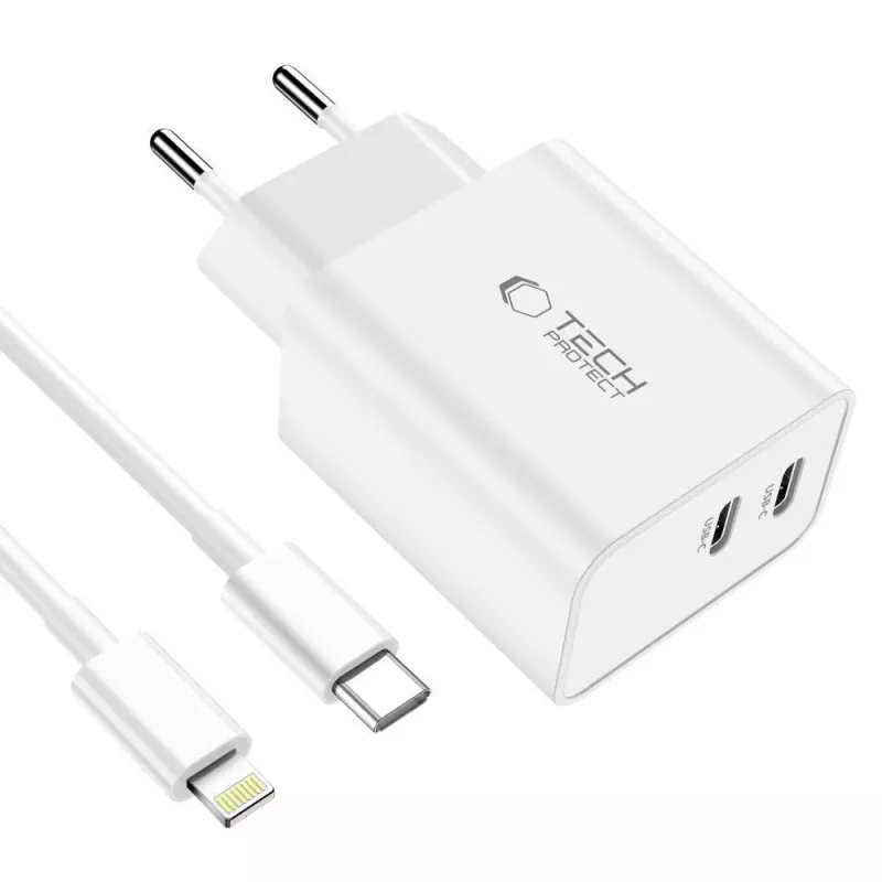 TECH-PROTECT C35W Carregador de rede de 2 portas PD 35W + cabo Lightning branco