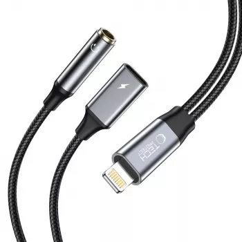 TECH-PROTECT ULTRABOOST Adaptador de cabo Lightning para mini jack 3,5 mm e Lightning, preto