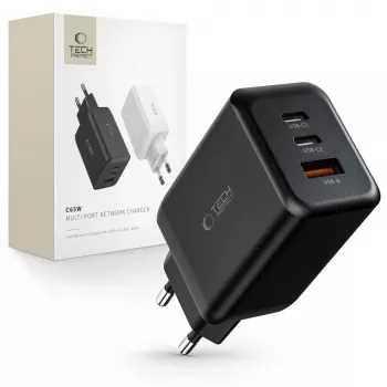 TECH-PROTECT C65W Carregador de parede 3 portas PD 65W / QC3.0 preto