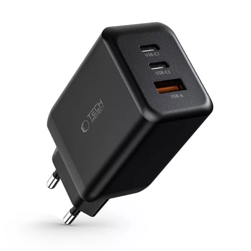 TECH-PROTECT C65W Carregador de parede 3 portas PD 65W / QC3.0 preto