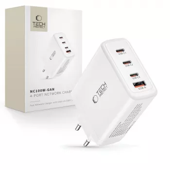 Tech-Protect NC100W-GAN 4-PORT Carregador de parede GaN branco 100W USB-C USB-A