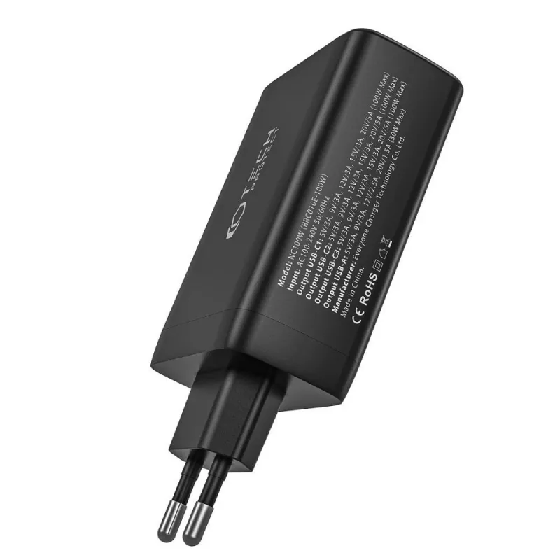Tech-Protect NC100W-GAN 4-PORT Carregador de parede GaN preto 100W USB-C