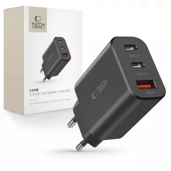 Tech-Protect NC30W Carregador USB-C 3 portas preto 30W
