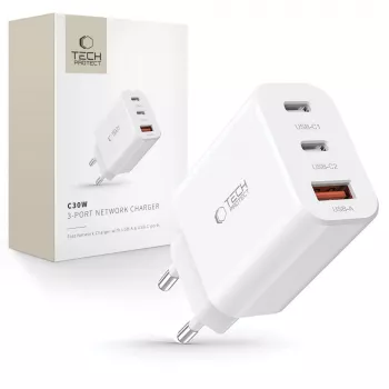 Tech-Protect NC30W Carregador de parede USB-C e USB-A 3 portas 30W branco
