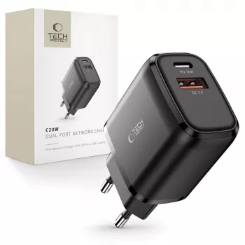 TECH-PROTECT C20W carregador de rede de 2 portas PD20W/QC3.0 preto