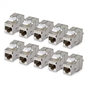 StarTech.com módulo Keystone Jack Cat6a blindado, pack de 10 acoplador RJ45 Ethernet, tomada de parede STP Cat6a, 180 graus, sem ferramentas, plano, prateado