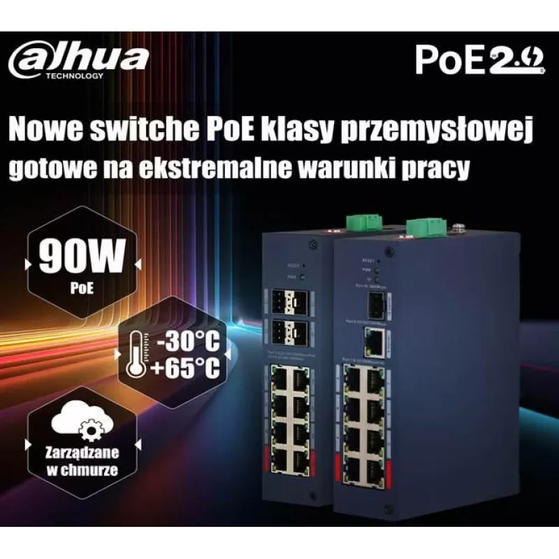 Switch industrial gerido Dahua CHS4412-8GT-125, 12 portas (8x Gigabit RJ45 + 4x SFP), alimentação dupla DC, calha DIN