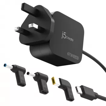 J5CREATE Carregador Mini USB-C GaN PD 67W com 3 tipos de fichas DC