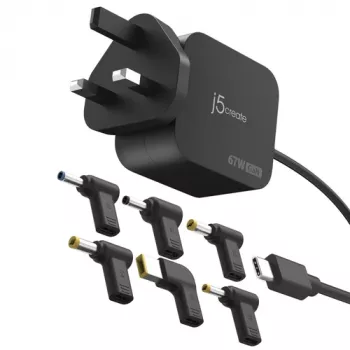 J5CREATE Carregador Mini USB-C GaN PD 67W com ficha UK e 6 conectores DC