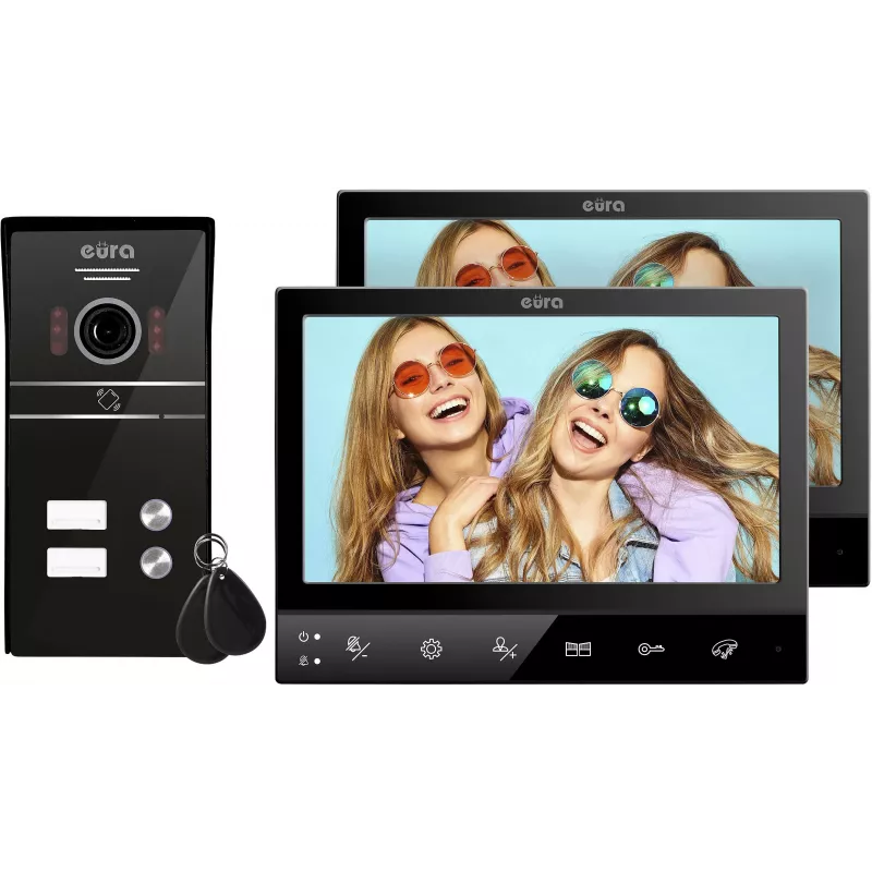 Eura VDP-80C5 Videoporteiro para duas famílias, Preto, 2x ecrã LCD 7 polegadas, FHD, 2 entradas, câmara 1080p, leitor RFID, montagem à superfície