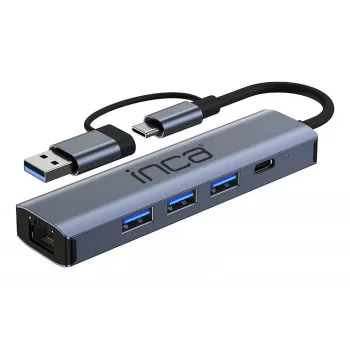INCA hub IUTP-5T USB-C/A para 3x USB-A 3.0 / RJ45 5 Gbit/s cinzento