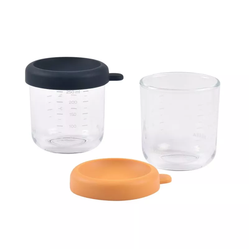 BEABA Conjunto de frascos de vidro com tampas 2 x 250 ml azul-noite/mel