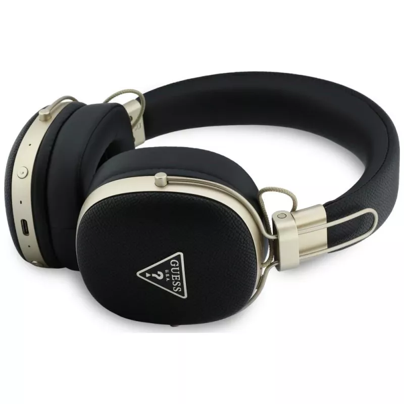 Guess Auscultadores Bluetooth Over-Ear com ENC, Logo Triangular Metálico Granulado, Preto