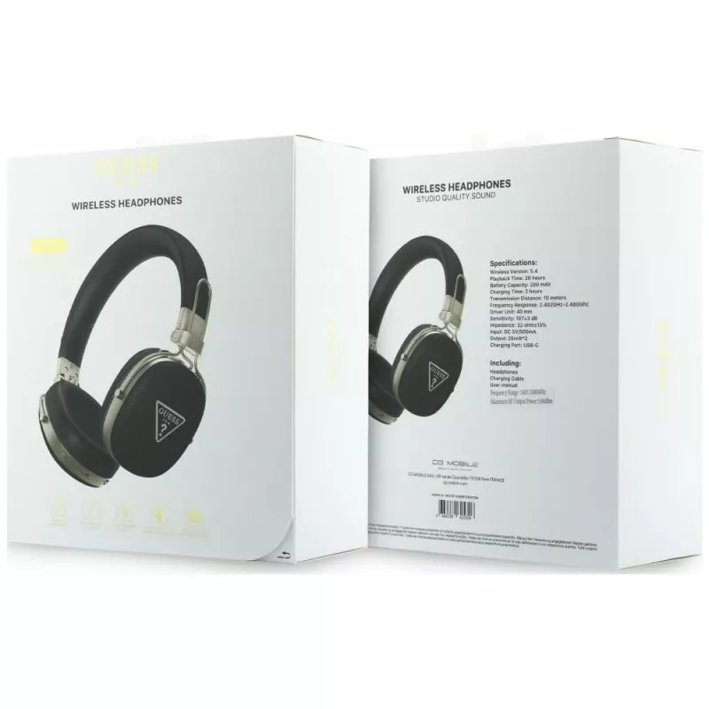Guess Auscultadores Bluetooth Over-Ear com ENC, Logo Triangular Metálico Granulado, Preto