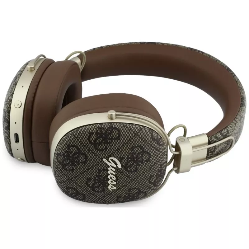 Guess GUE005462 Auscultadores Bluetooth Over-Ear com ENC, Design Metálico, 4G Script Logo, Castanho