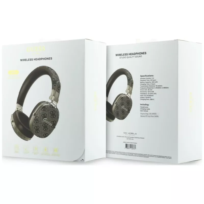 Guess GUE005462 Auscultadores Bluetooth Over-Ear com ENC, Design Metálico, 4G Script Logo, Castanho