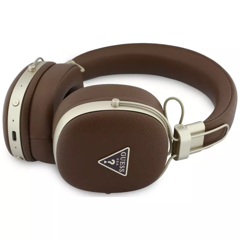 Guess GUE005460 Auscultadores Bluetooth On-Ear com ENC, Castanho, Logo Triangular Metálico Granulado