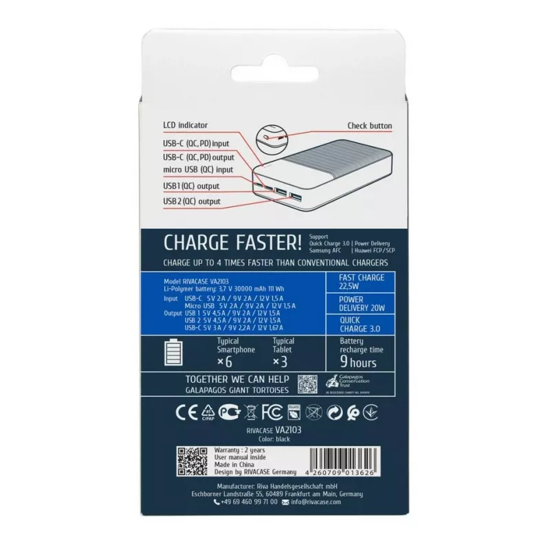 Powerbank Rivacase VA2103 30000 mAh 22.5W preto