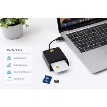 iLike Leitor de cartões inteligente USB 4 em 1 com suporte para SIM, SD e Micro-SD, leitor CAC para cartões de identificação, cartões bancários, eID e cartões de memória, preto