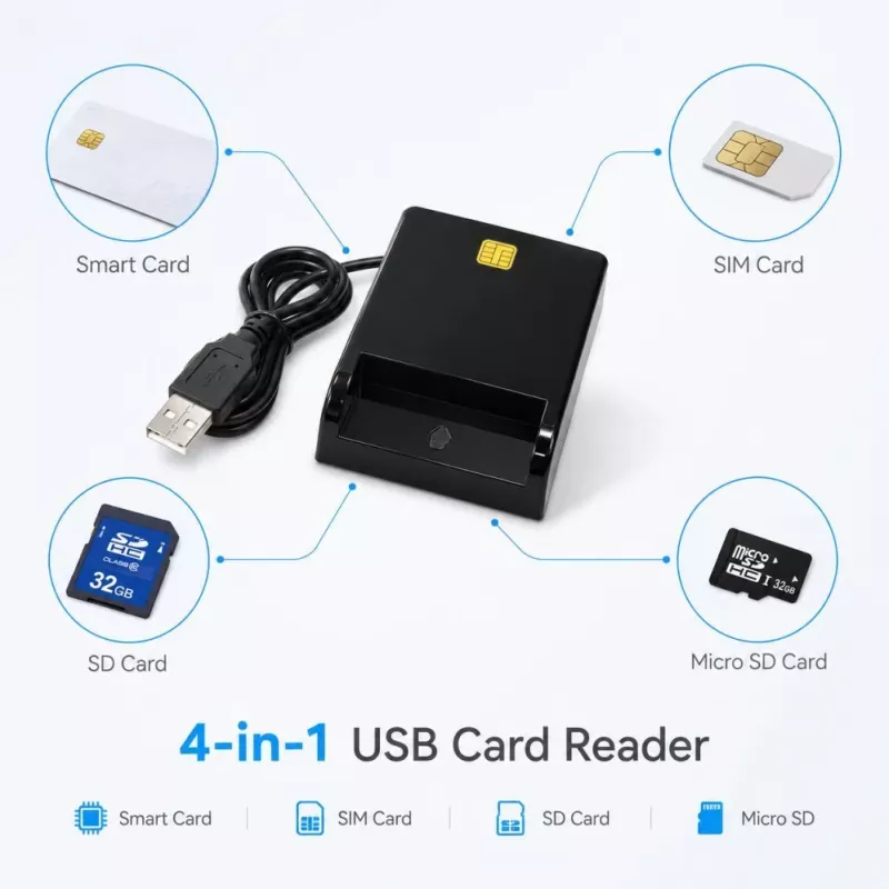 iLike Leitor de cartões inteligente USB 4 em 1 com suporte para SIM, SD e Micro-SD, leitor CAC para cartões de identificação, cartões bancários, eID e cartões de memória, preto