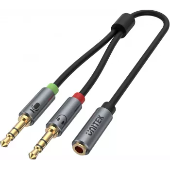UNITEK Y-C957ABK cabo splitter de áudio 3,5mm mini-jack, conector fêmea para 2x macho, 20 cm, preto