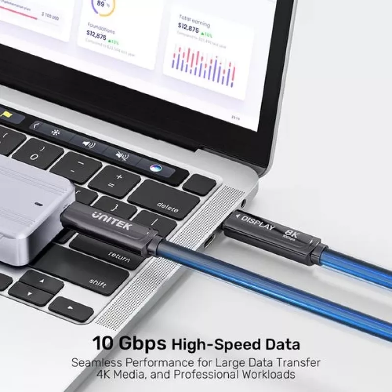 UNITEK cabo ótico ativo USB-C 5m - 10Gbps, PD 60W, 8K@30Hz, preto