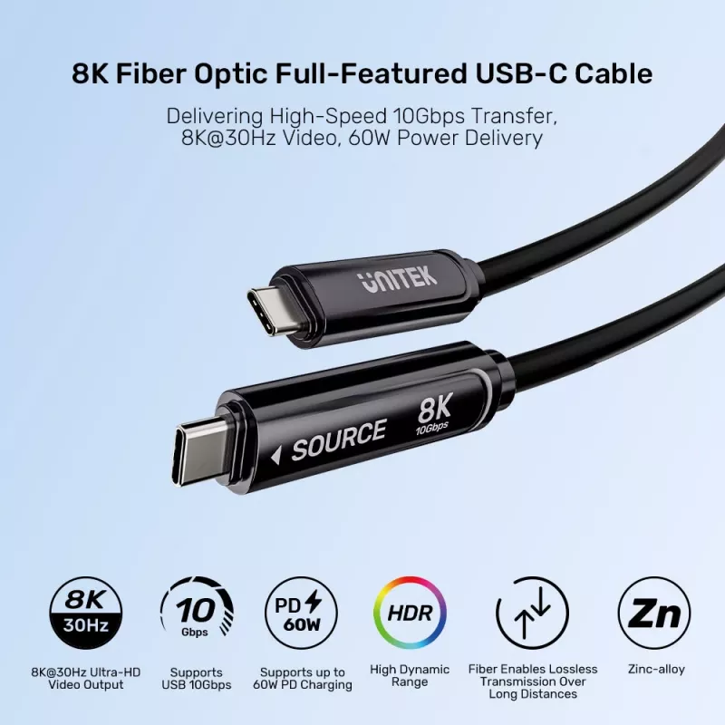 UNITEK cabo ótico ativo USB-C 15m - 10Gbps, PD60W, 8K@30Hz, preto