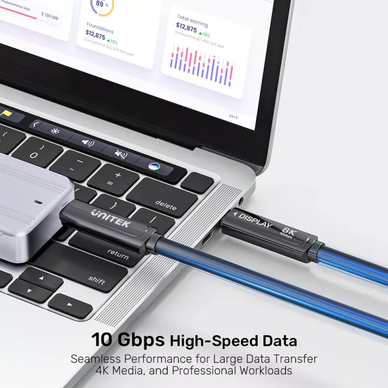 UNITEK cabo ótico ativo USB-C 15m - 10Gbps, PD60W, 8K@30Hz, preto
