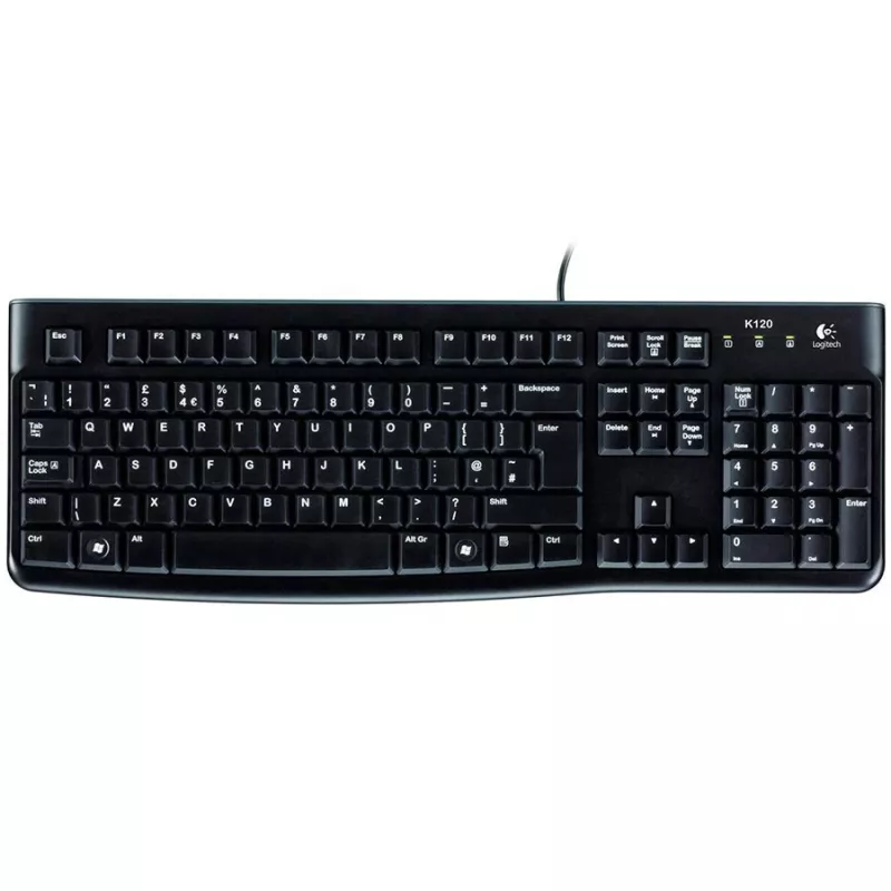 Logitech teclado K120 RU - com fio USB tamanho completo layout russo, resistente a salpicos, preto