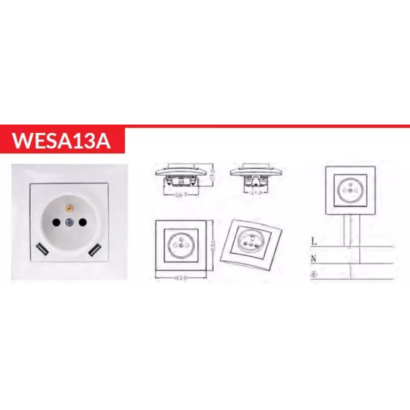 VCX WESA LC 13A tomada individual com carregador USB branco