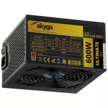 Fonte de alimentação ATX Akyga Ultimate AK-U4-600 600 W, 80 PLUS Bronze, PFC ativo, ventoinha de 120 mm