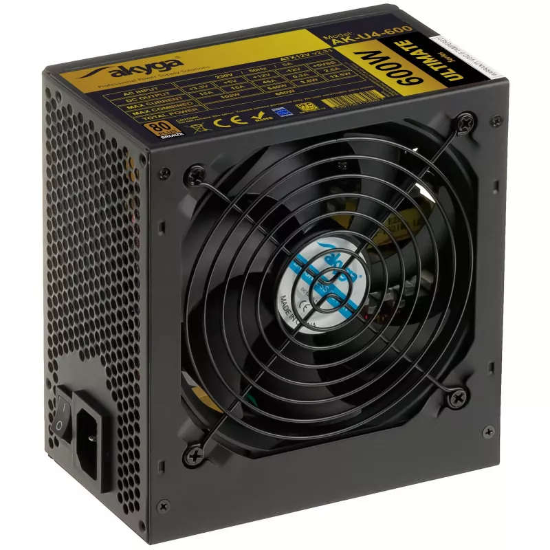 Fonte de alimentação ATX Akyga Ultimate AK-U4-600 600 W, 80 PLUS Bronze, PFC ativo, ventoinha de 120 mm
