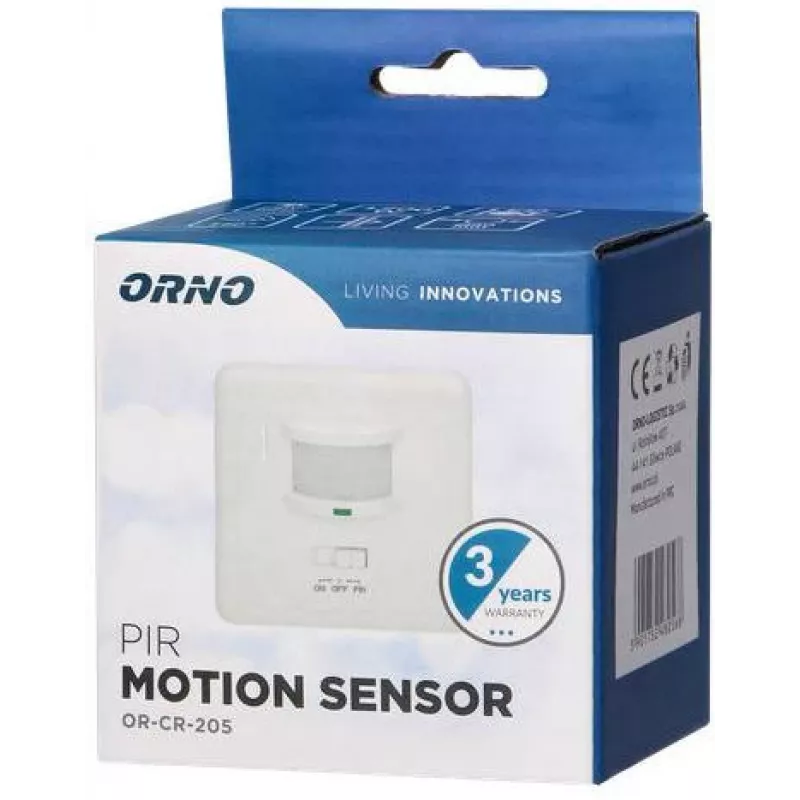 Detetor de movimento PIR ORNO OR-CR-205, 360°, 6 m, 230 V, branco, montagem encastrada no teto