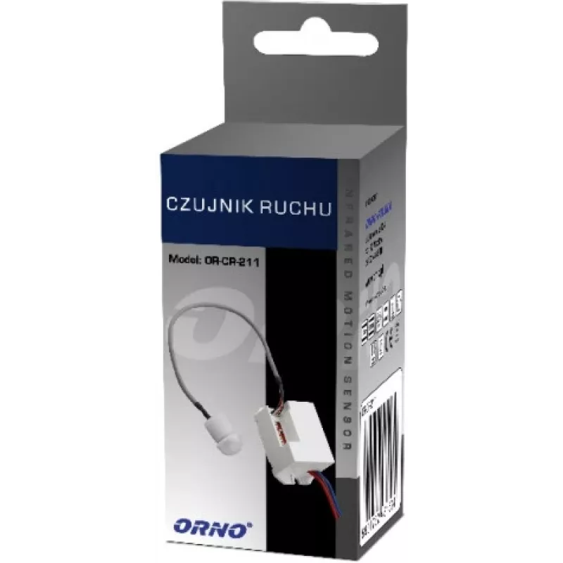 Detetor de movimento PIR miniatura ORNO OR-CR-211, 230V, 120°, 6m, IP20, branco