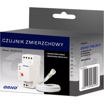 Interruptor crepuscular para calha DIN ORNO OR-CR-219 com fotoresistência externa, 230V AC, 10A, 2-100 Lux