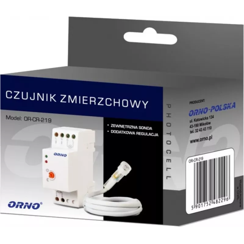 Interruptor crepuscular para calha DIN ORNO OR-CR-219 com fotoresistência externa, 230V AC, 10A, 2-100 Lux