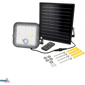 BEMKO SOLPAR Holofote LED solar 10W 1500lm 3000/4000K IP65 Preto com sensor PIR