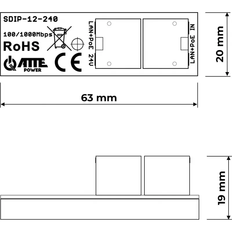 ATTE SDIP-12-240 Adaptador PoE+ 30W calha DIN Gigabit