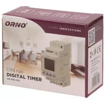 ORNO OR-PRE-433 temporizador semanal eletrónico, calha DIN, 16A/3680W, 16 programas, 230V
