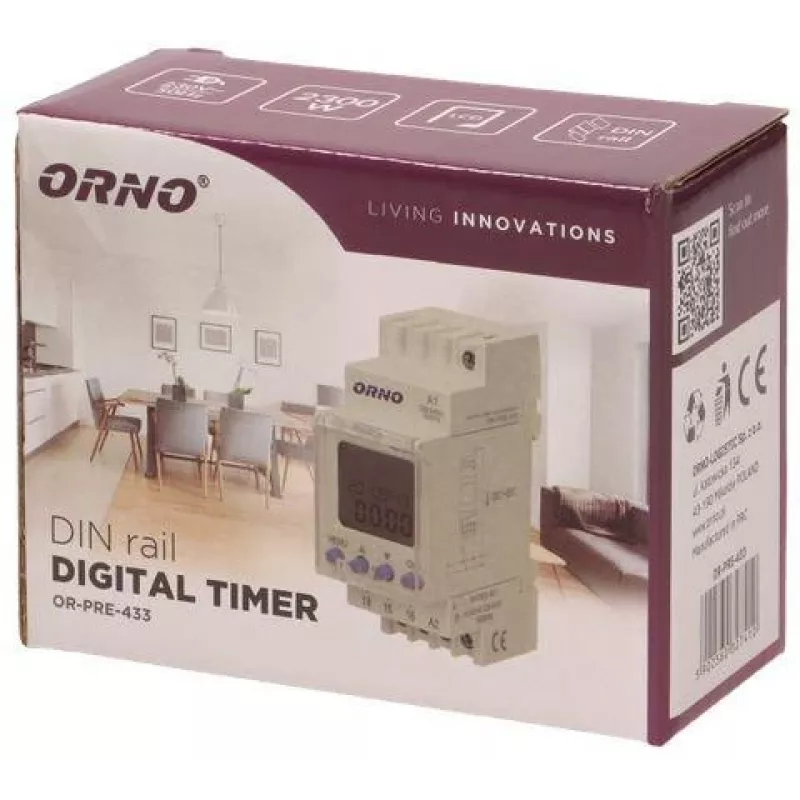 ORNO OR-PRE-433 temporizador semanal eletrónico, calha DIN, 16A/3680W, 16 programas, 230V