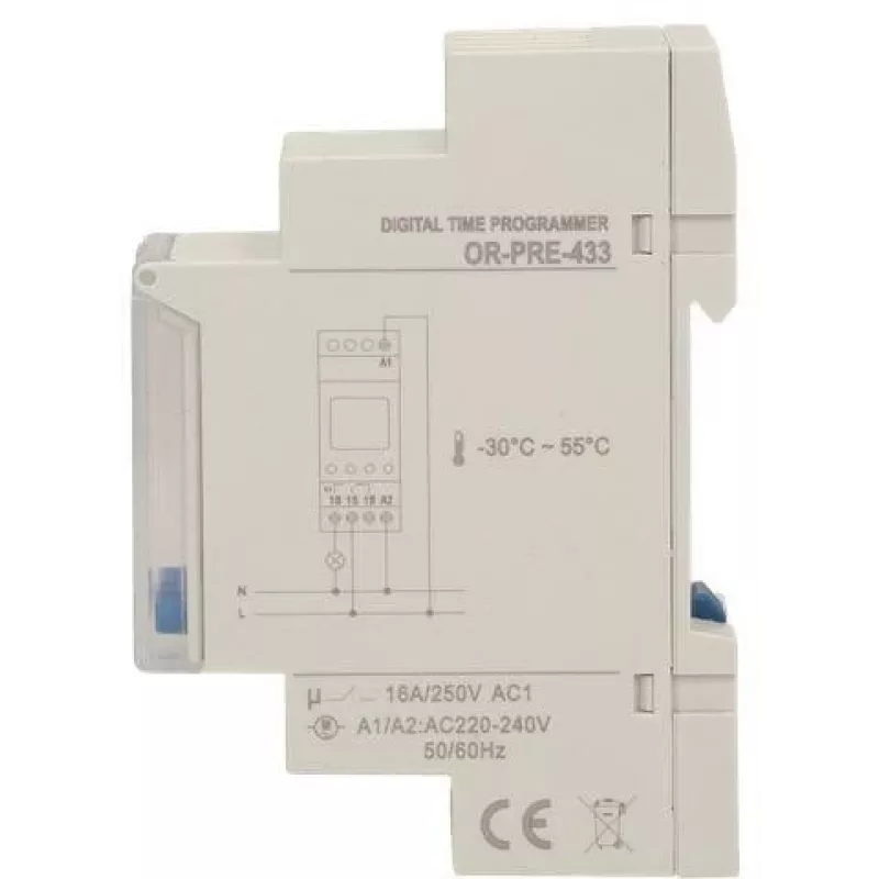 ORNO OR-PRE-433 temporizador semanal eletrónico, calha DIN, 16A/3680W, 16 programas, 230V