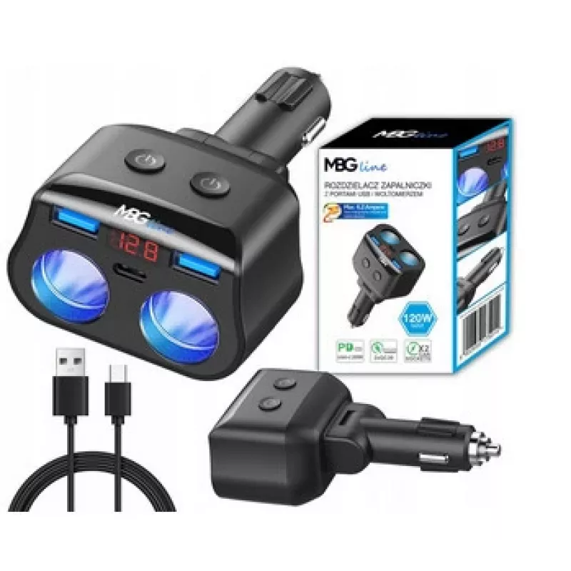 MBG Line HC69PD Splitter de isqueiro 3 vias com 2x USB-C PD 30W e 2x USB-A QC 3.0, indicador de tensão LED, 180W
