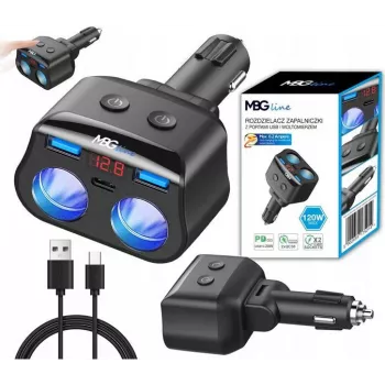 MBG Line HC69PD Splitter de isqueiro 3 vias com 2x USB-C PD 30W e 2x USB-A QC 3.0, indicador de tensão LED, 180W