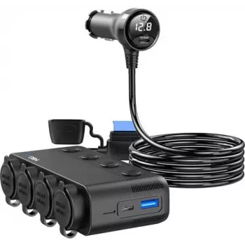 MBG Line HS75AD Splitter de isqueiro com 2 tomadas e 3 portas USB, cabo de 75 cm, preto